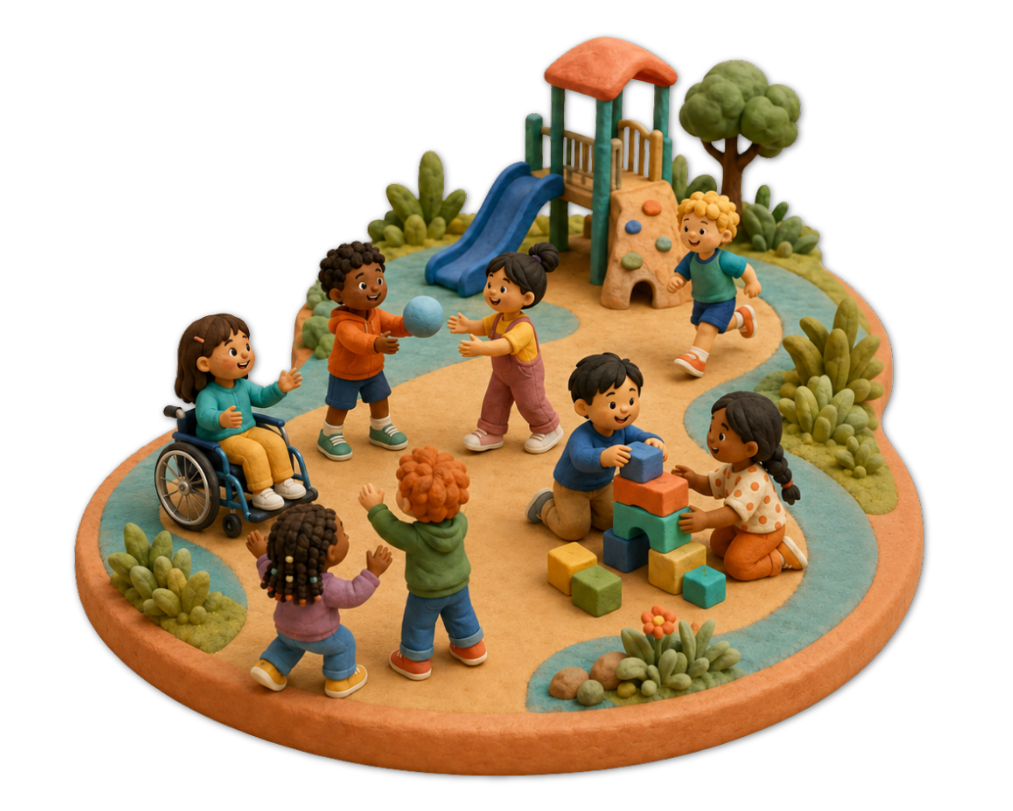 group of children from all backgrounds and cultures playing together clay graphic style