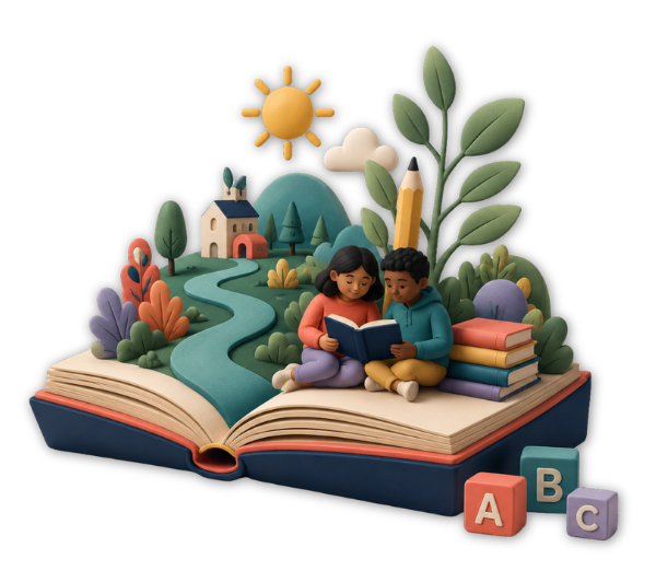 two children reading on the pages of abook with plants and a tree and river behind them