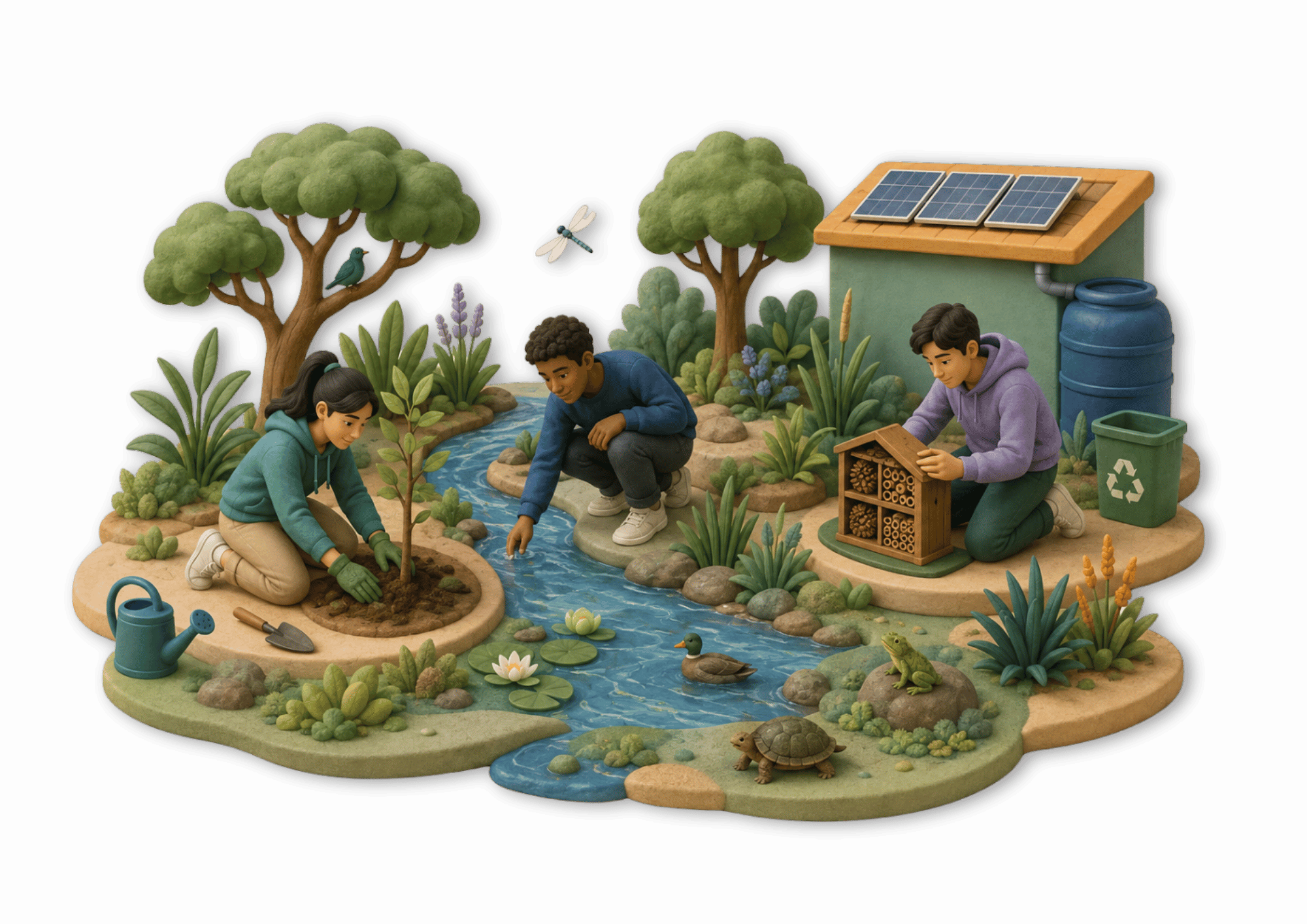 graphic of a man kneeling next to a stream and feeling the water with a dragonfly above his head, another man looking at a bee hotel, and a woman planting a tree on the other side of the river. there is a shed with solar panels, and a water tank collecting from the shed runoff.