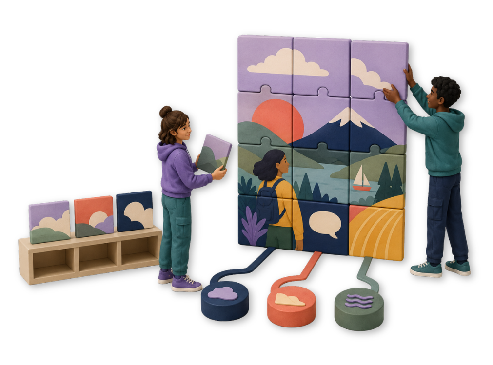 a man and a woman working on a puzzle together in a clay style graphic