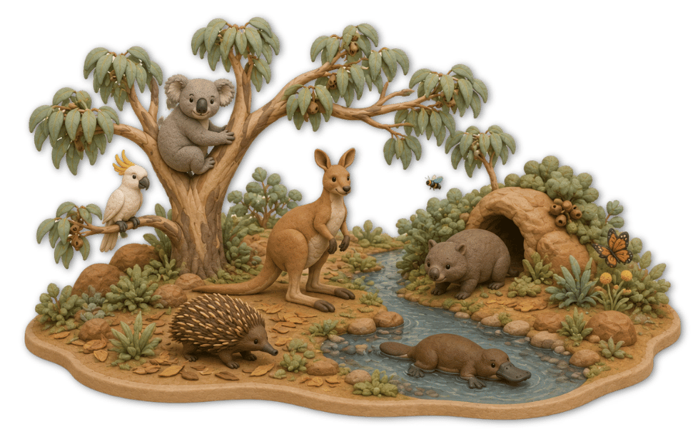 a wallaby, cockatoo, echidna, wombat, platypus, and koala on a small clay island with various australian native plants together