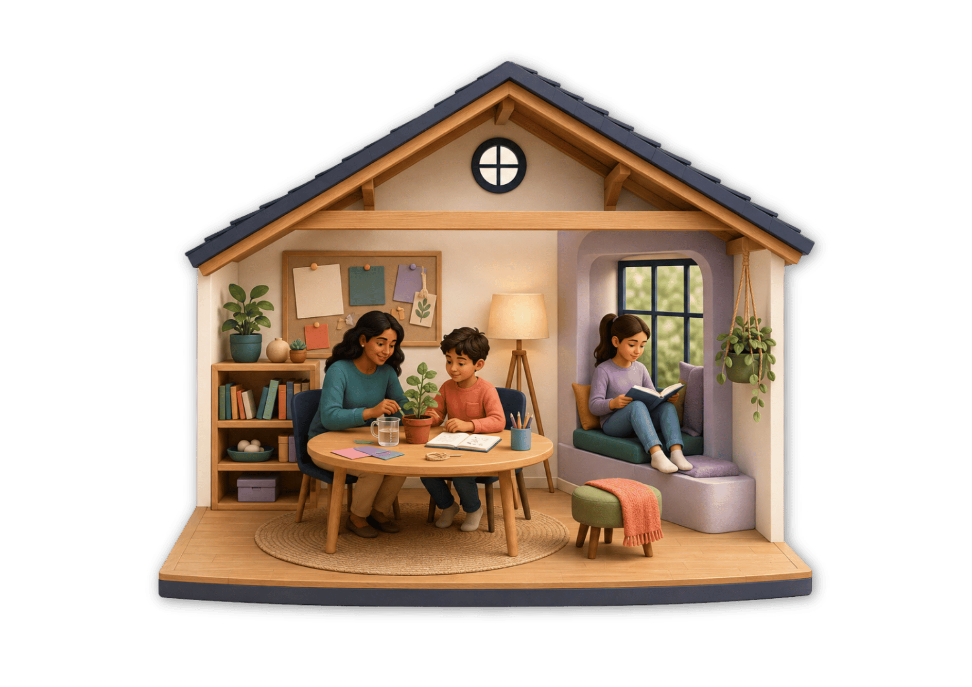 inside of a house, with a mother and son sitting at a table talking about a plant, and a young girl reading by a window