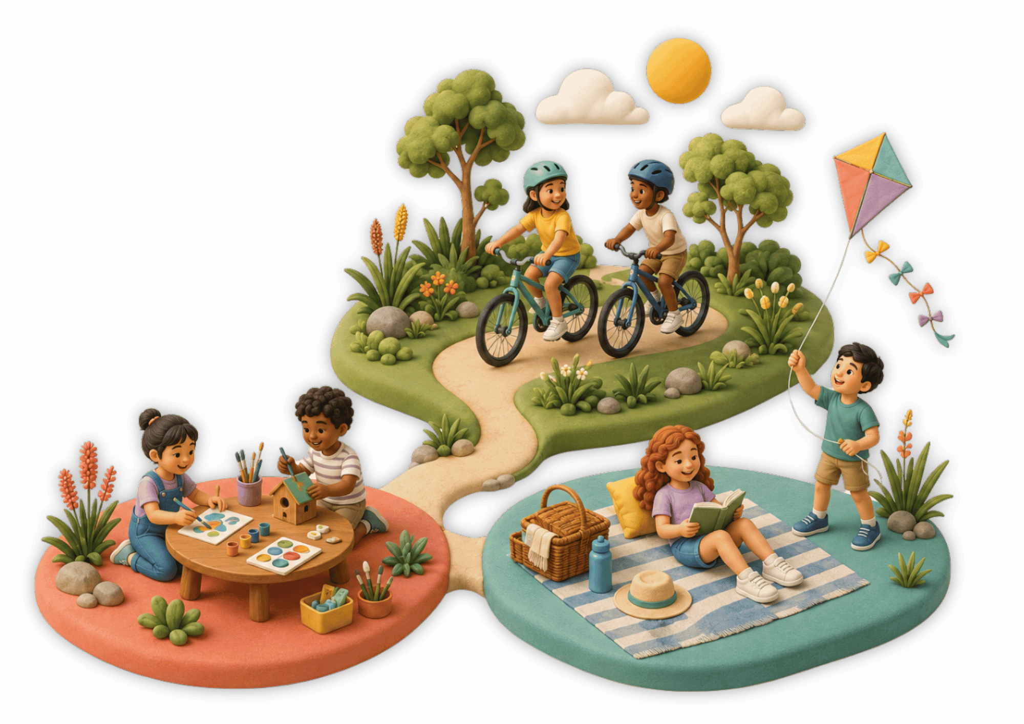clay like graphic of children riding bicycles, painting outside, and laying on a picnic blanket and reading